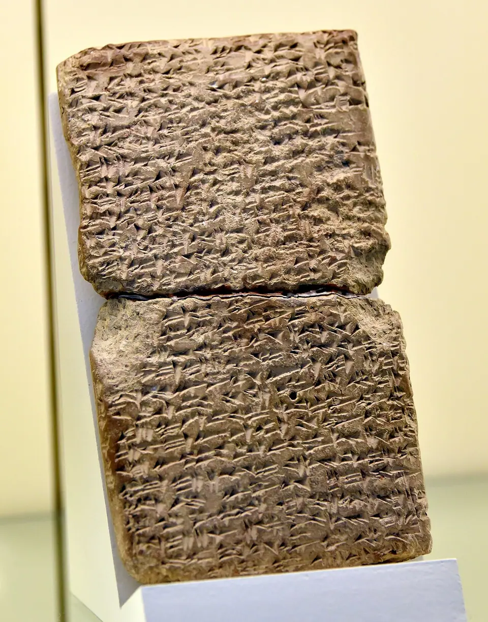 A small clay tablet covered in Akkadian cuneiform: a letter from Abdi-Heba of Jerusalem to the pharaoh, found at Amarna