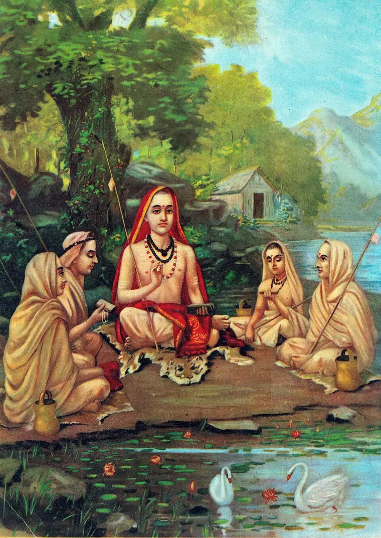 Painting of Adi Shankara seated under a tree beside a pond, teaching four disciples