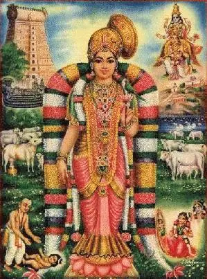 Colourful devotional painting of Andal standing crowned and garlanded, with a temple tower and cows behind