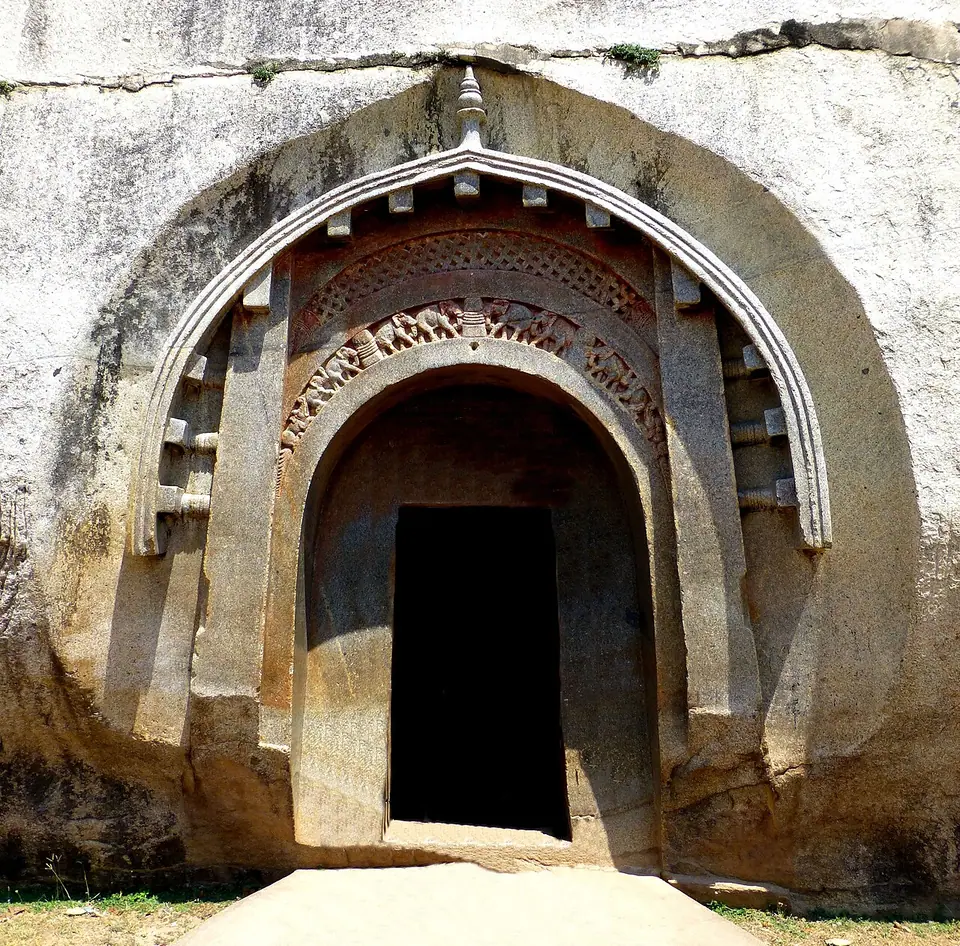 Carved arched entrance of the rock-cut Lomas Rishi cave at Barabar, Bihar