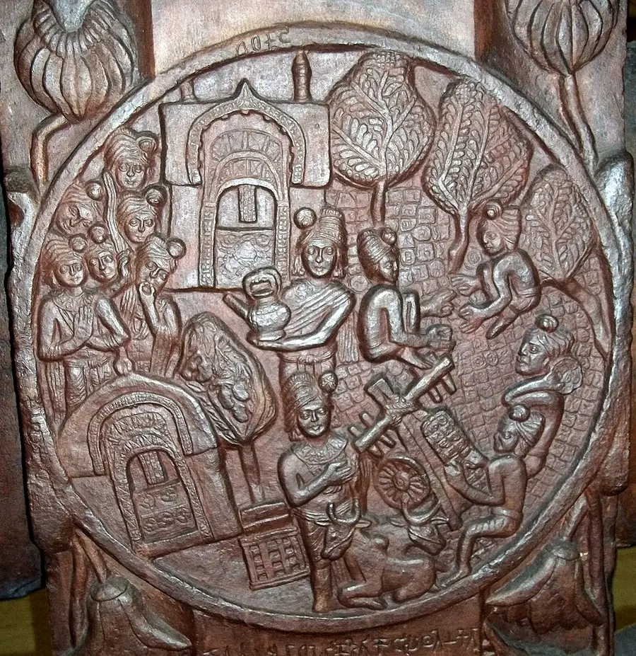 Round sandstone relief from Bharhut showing men laying square coins across the ground of a park with trees and buildings, while others carry more coins from an ox cart