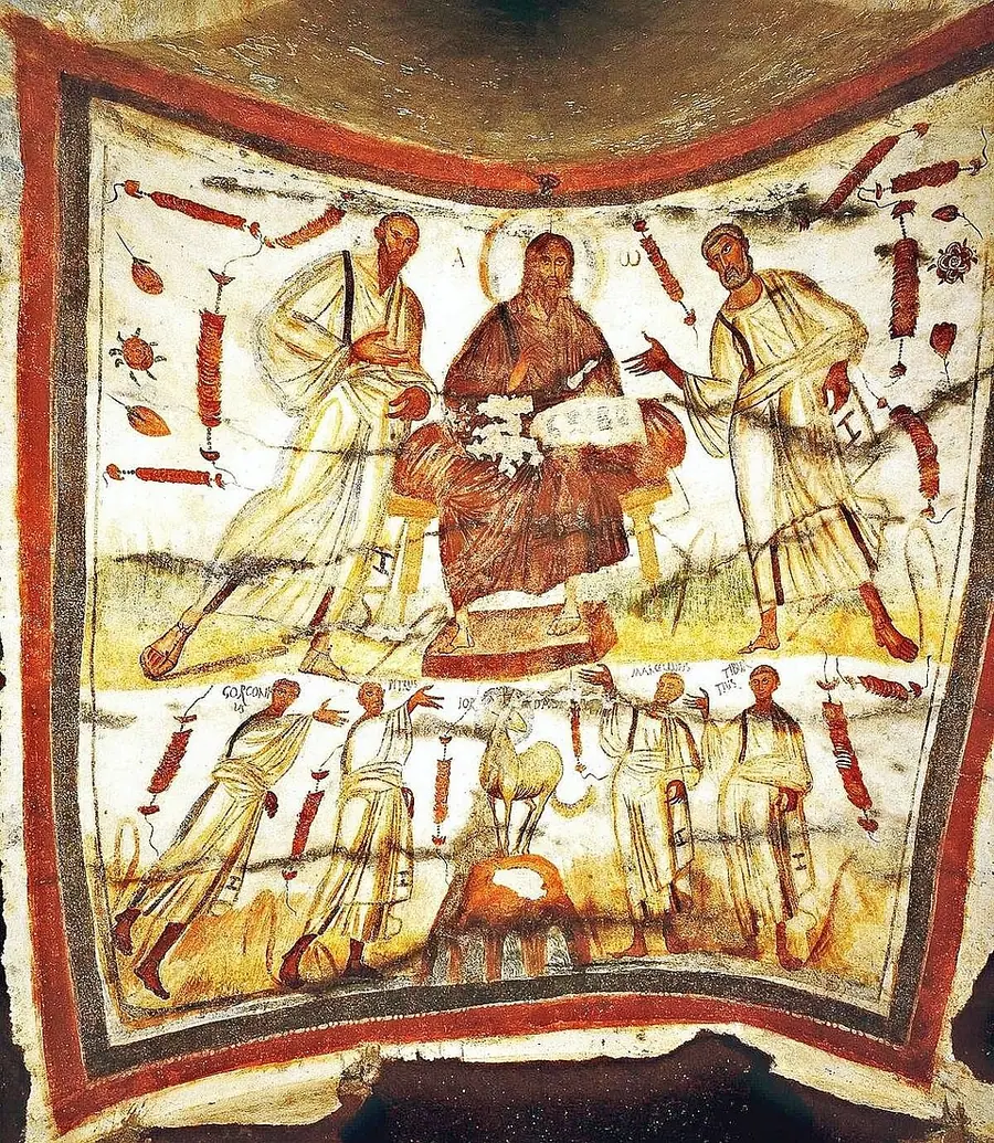 A fourth-century fresco in the Catacomb of Marcellinus and Peter, Rome: Christ enthroned between Paul (left) and Peter (right), with four martyrs below