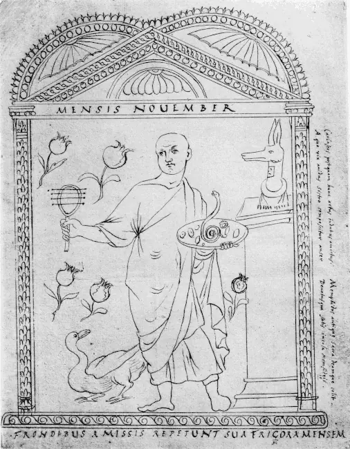 A pen drawing of the month of November from the Chronograph of 354: a robed figure holding a sistrum beside an altar with the head of Anubis, inside an arched frame