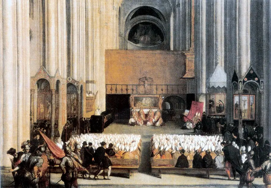 A painting of a session of the Council of Trent, with bishops seated in tiers along the nave of a church