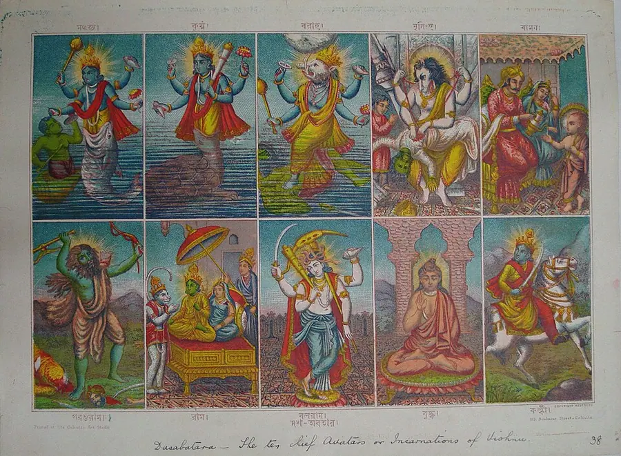 A colour lithograph divided into ten panels showing Viṣṇu's ten avatars with Bengali labels, the Buddha seated in meditation in the ninth panel