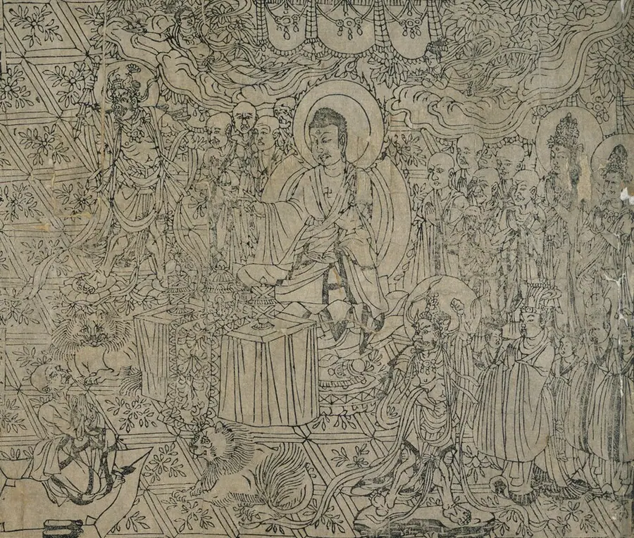 Woodblock-printed frontispiece showing the Buddha seated at a table preaching to a crowd of monks, guardians and officials, with a kneeling disciple at lower left