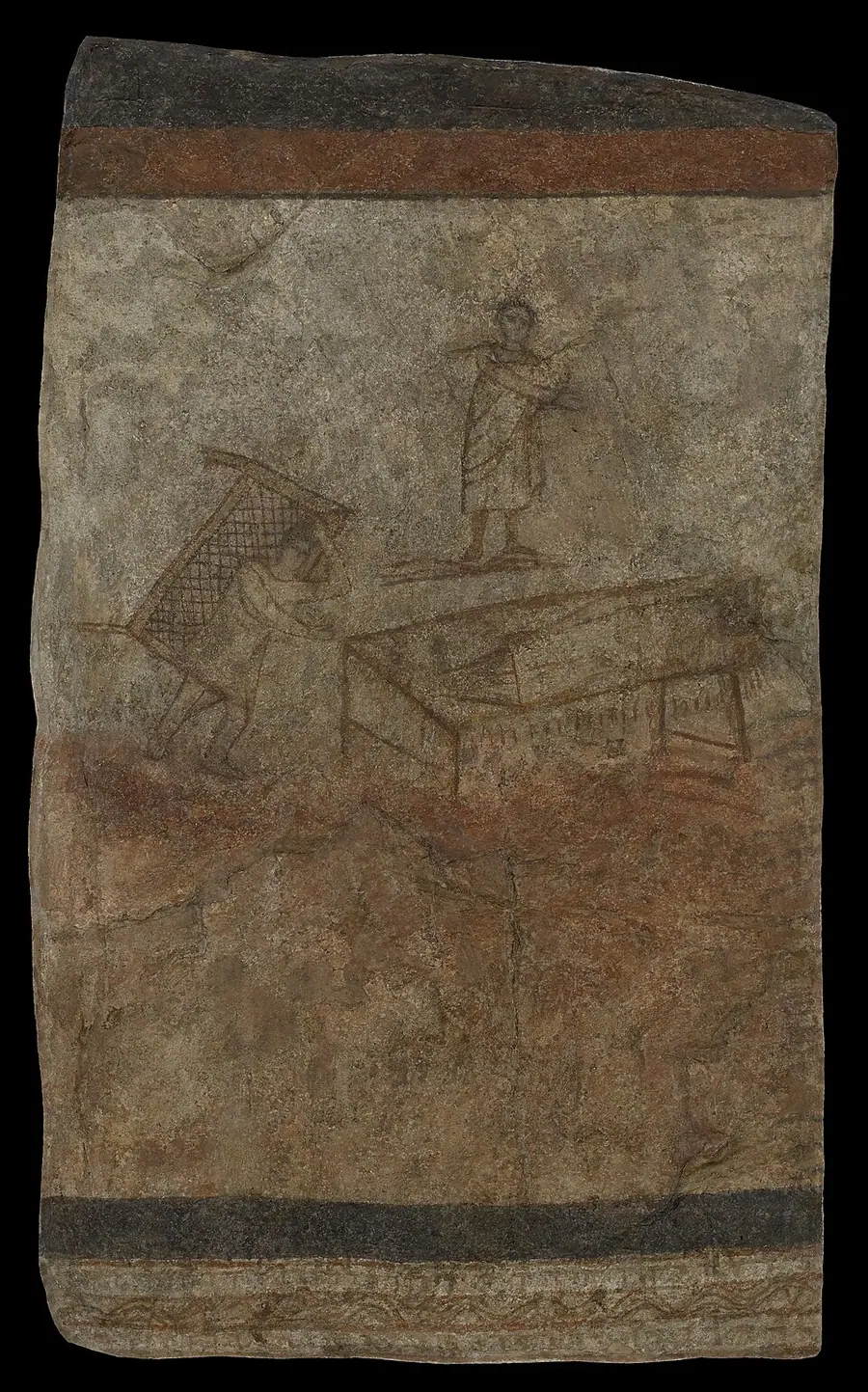 A faded wall painting from the house church at Dura-Europos, c. 240 CE: a man carries his bed while a figure stands over another lying on a couch, one of the oldest surviving images of Jesus