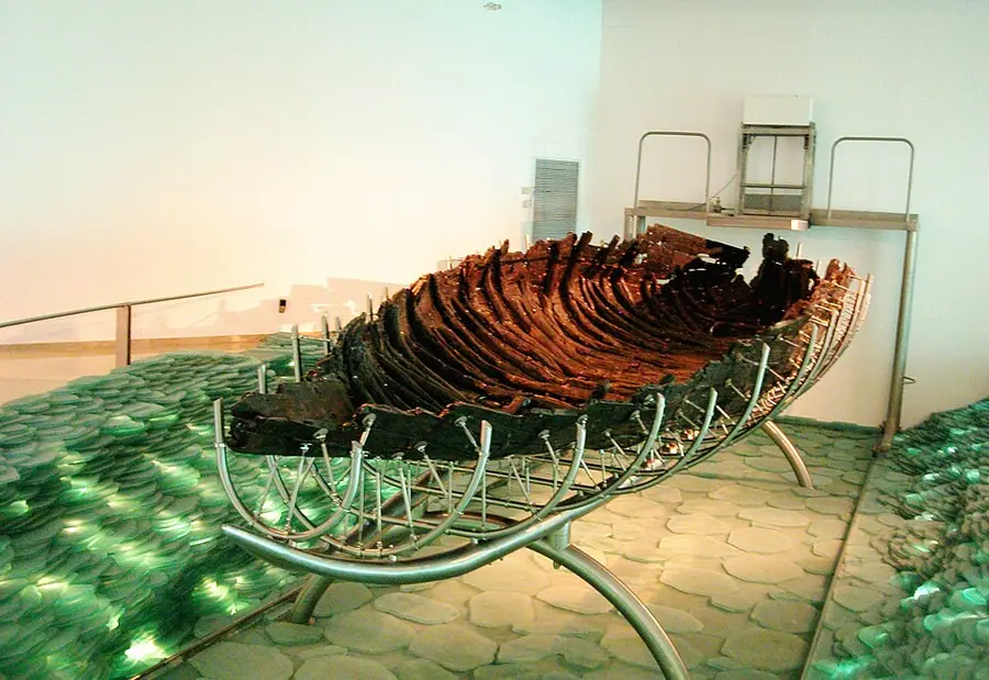 The remains of a first-century wooden fishing boat displayed on a steel frame at Ginosar