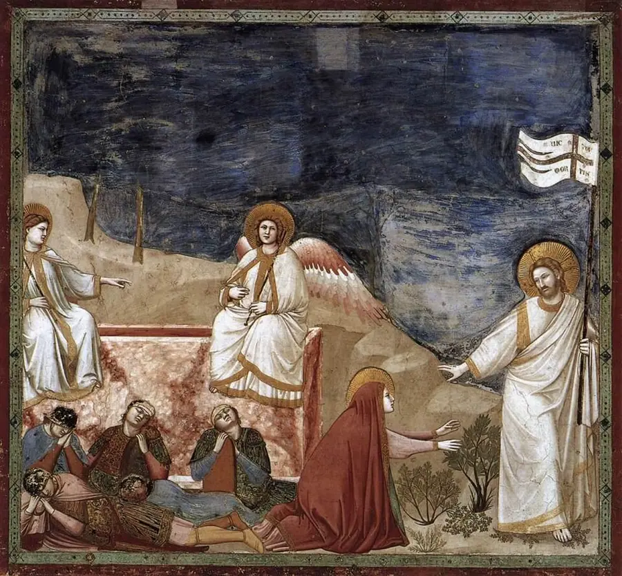 Giotto's fresco of the risen Jesus with Mary Magdalene kneeling before him in a red cloak, beside the empty tomb with two angels and sleeping soldiers