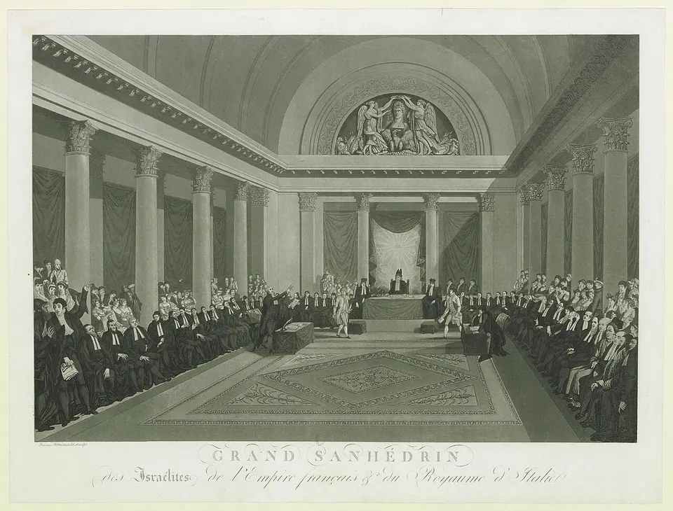 An engraving of Napoleon's Grand Sanhedrin of 1807: rows of rabbis and Jewish laymen in a semicircle in a Paris hall, with the presiding officers seated at the centre