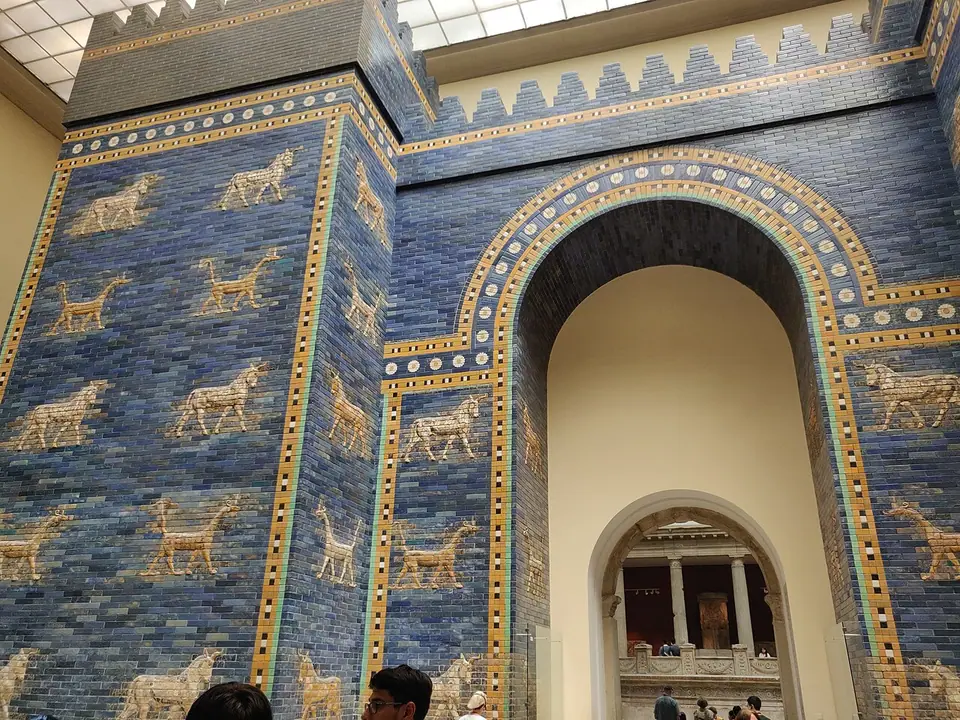 The reconstructed Ishtar Gate of Babylon in the Pergamon Museum, Berlin: blue glazed bricks with rows of yellow bulls and dragons