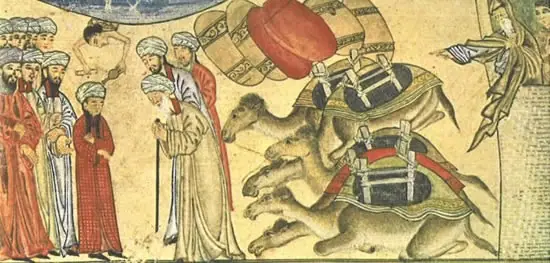 A painting from Rashīd al-Dīn's Compendium of Chronicles in Edinburgh showing the young Muhammad, face visible, meeting the monk Baḥīrā