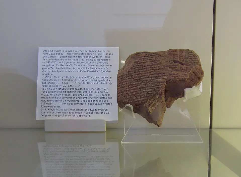 A small clay cuneiform tablet from Babylon in a museum case, one of the ration lists naming King Jehoiachin of Judah