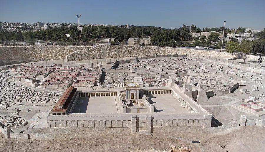 The Holyland Model of Jerusalem at the Israel Museum: Herod's Temple in its colonnaded courtyard, with the city behind, reconstructed at 1:50 scale