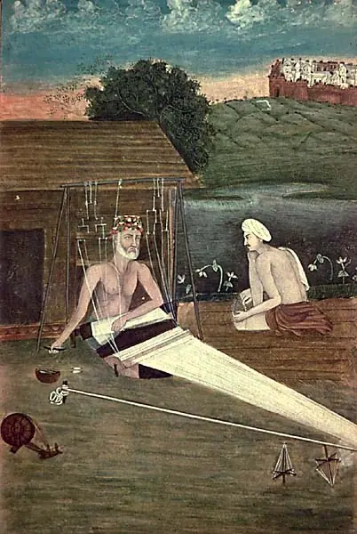 Painting of Kabir weaving at a loom outside a hut, with a follower seated beside him