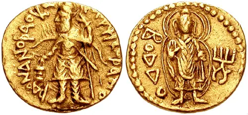 Both sides of a gold Kushan coin: the king standing at an altar, and a standing haloed Buddha with Greek letters reading BODDO