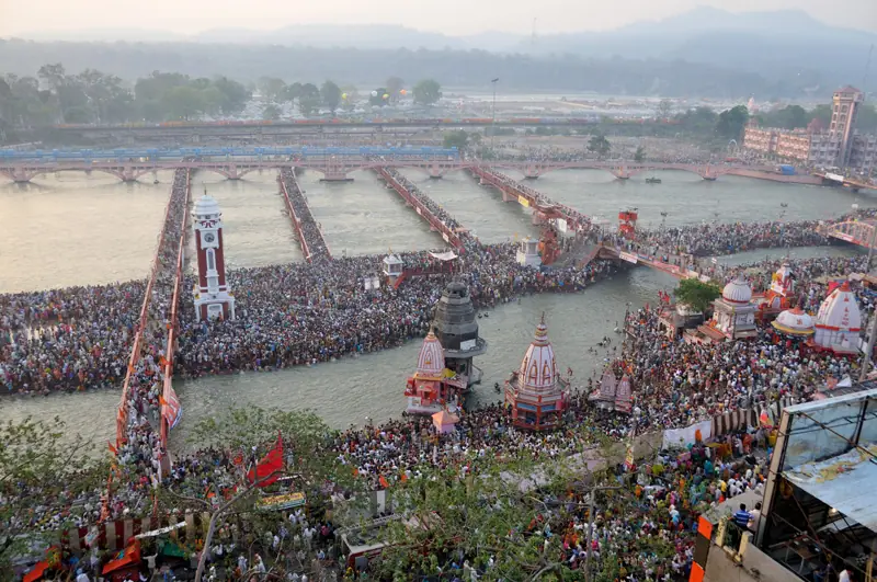 Aerial view of huge crowds bathing in the Ganges at Har Ki Pauri, Haridwar, during the Kumbh Mela