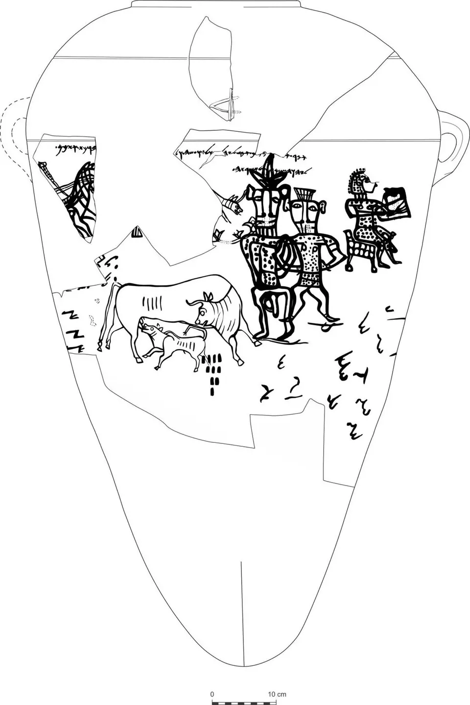 Red line drawing from a storage jar at Kuntillet Ajrud: two standing Bes-like figures and a seated lyre player