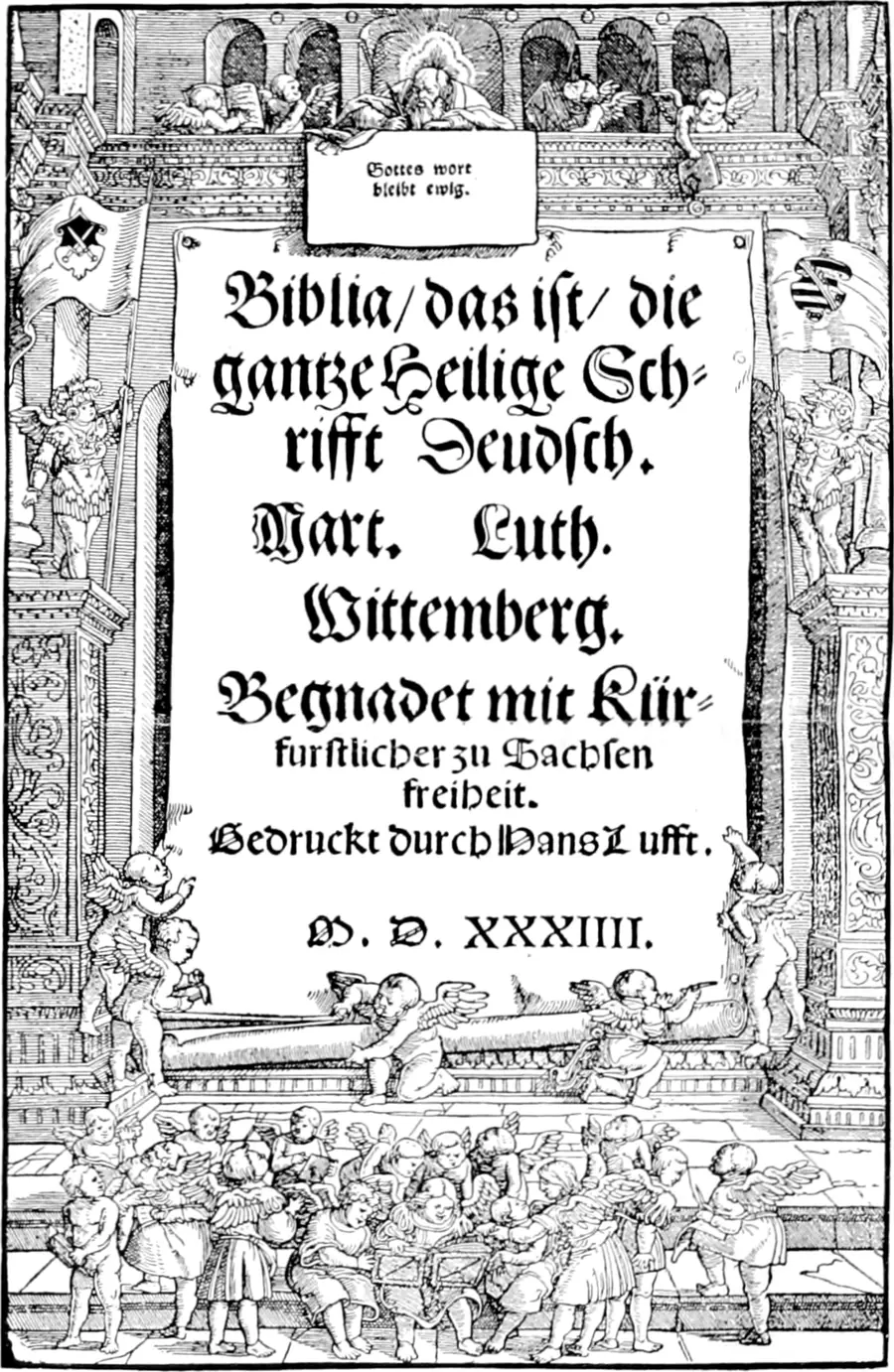 Woodcut title page of Luther's 1534 German Bible, with the title in black-letter type inside an ornamental border