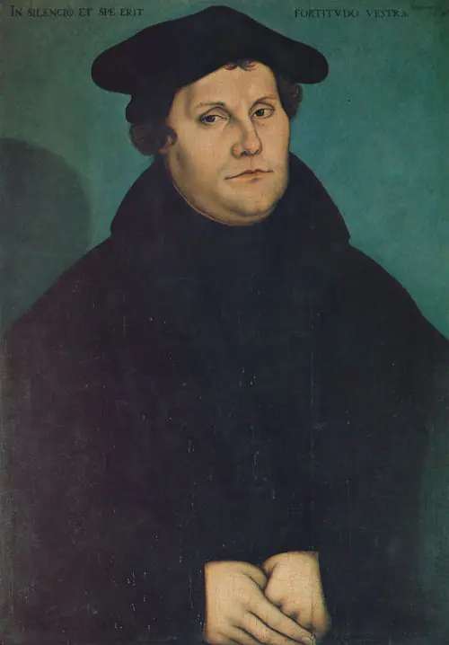 Lucas Cranach the Elder's portrait of Martin Luther, painted in or after 1529: a heavy-set man in a black gown and cap, hands folded, against a green background