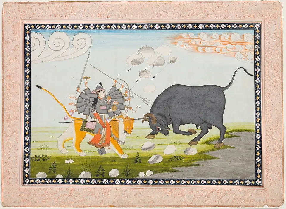 Indian painting of the many-armed goddess Durga on a lion, fighting a black buffalo