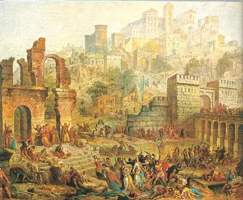 Nineteenth-century painting by Auguste Migette of crusaders attacking the Jews of Metz in 1096
