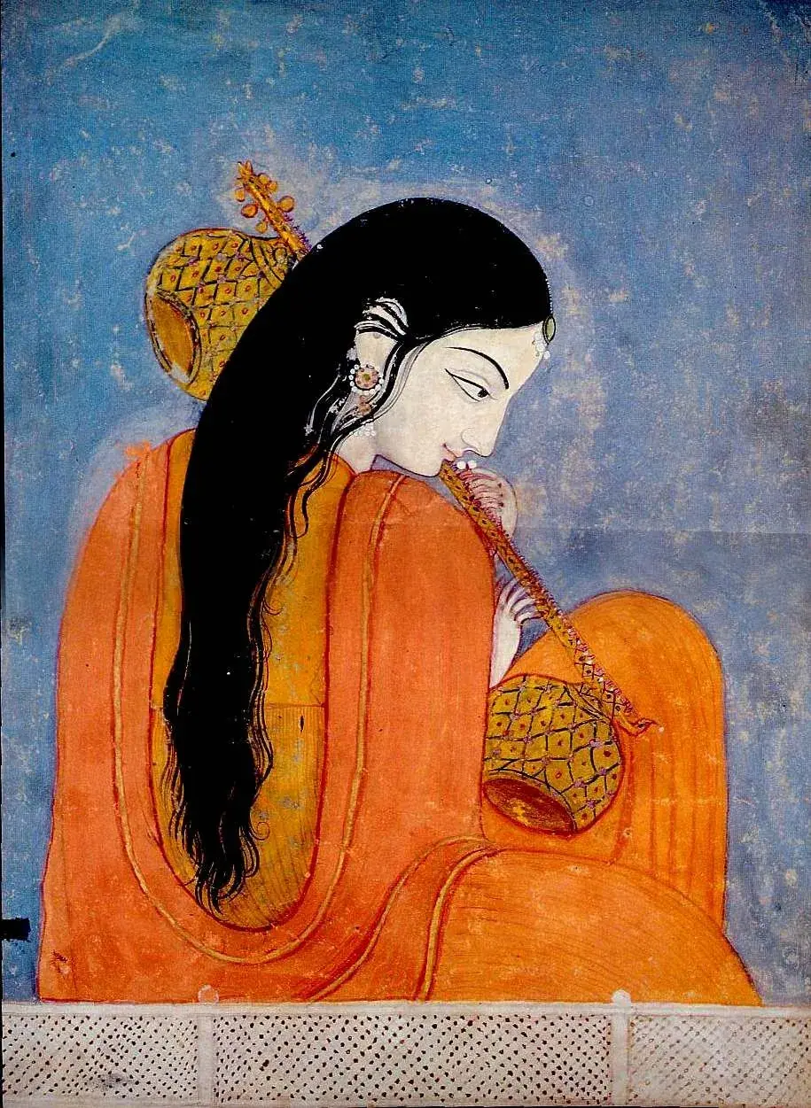 Painting of Mirabai in an orange robe with long black hair, holding a stringed instrument