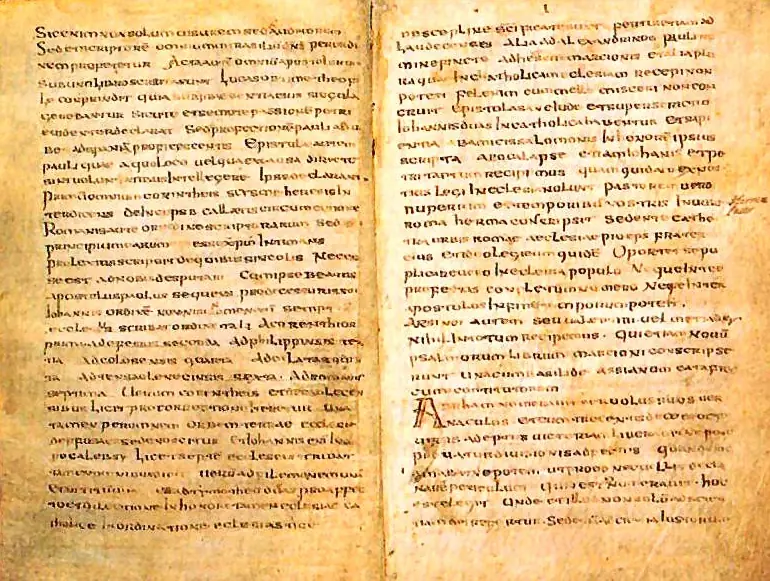 Two facing pages of the Muratorian fragment, an eighth-century Latin manuscript in Milan's Ambrosian Library that copies an early list of New Testament books