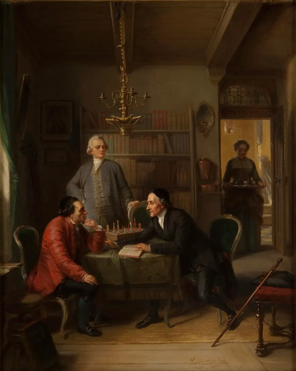 Painting of Moses Mendelssohn seated at a chess table in his study, debating with the pastor Lavater while Lessing looks on