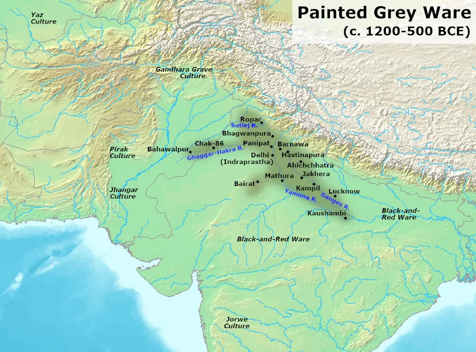 Map of northern India marking Painted Grey Ware sites along the Ganga and Yamuna, c. 1200-500 BCE