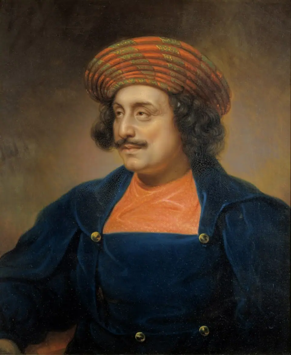 Oil portrait of Rammohan Roy in a striped turban and dark blue coat