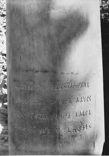Five lines of Brāhmī script carved into the polished sandstone shaft of Ashoka's pillar at Lumbini