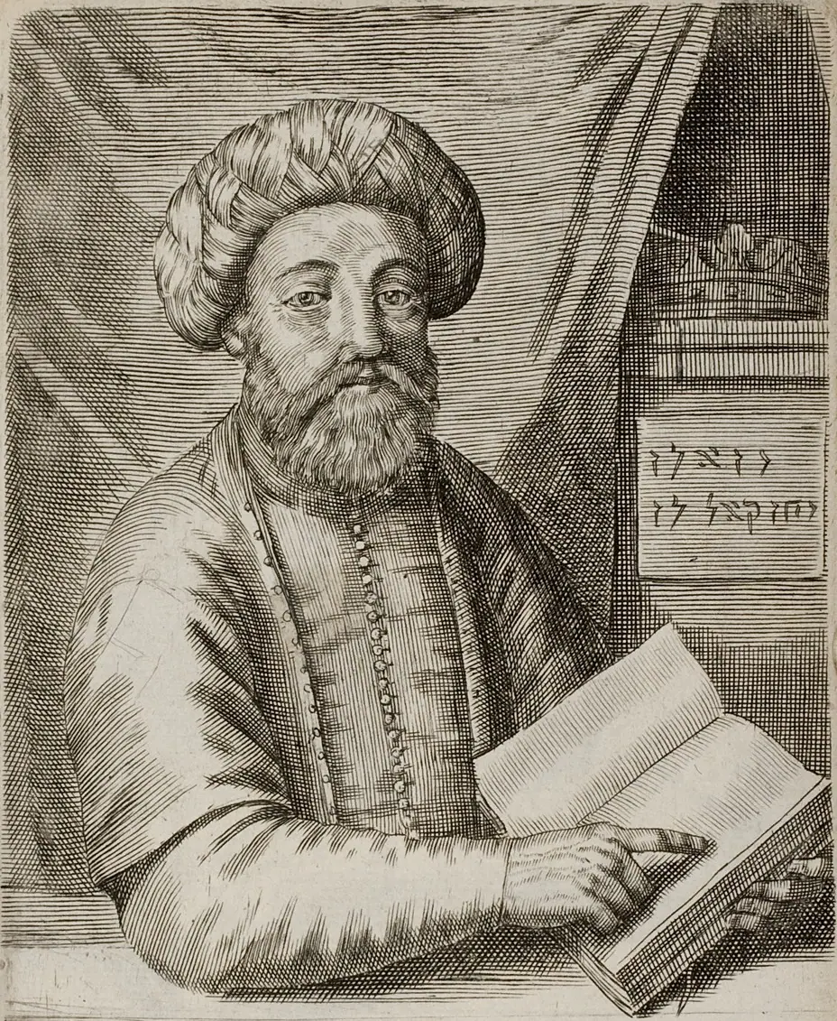 Engraved portrait of Sabbatai Zevi, bearded and wearing a turban-like headdress, from Thomas Coenen's book of 1669