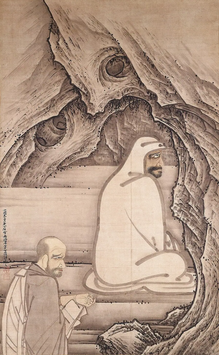 Ink painting of Bodhidharma in a white robe meditating facing a cave wall, while Huike stands behind holding out his severed arm