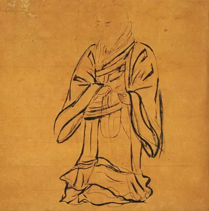 Ink sketch on paper of the monk Shinran standing, hands joined at the chest, in loose robes