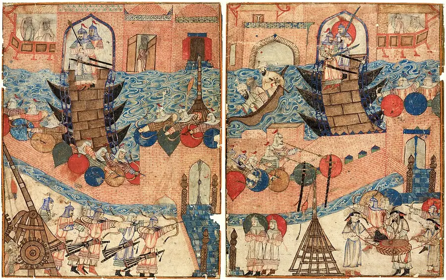 A fourteenth-century Persian painting of the Mongol siege of Baghdad in 1258, with siege engines and boats before the city walls