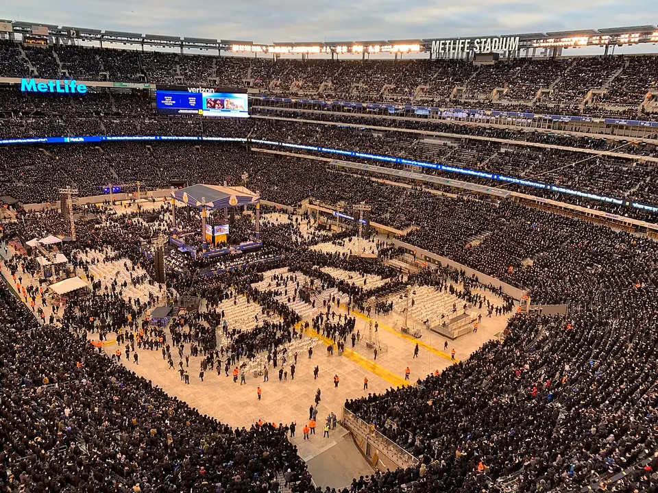 The stands of MetLife Stadium filled with tens of thousands of people at the celebration marking the completion of the Talmud study cycle