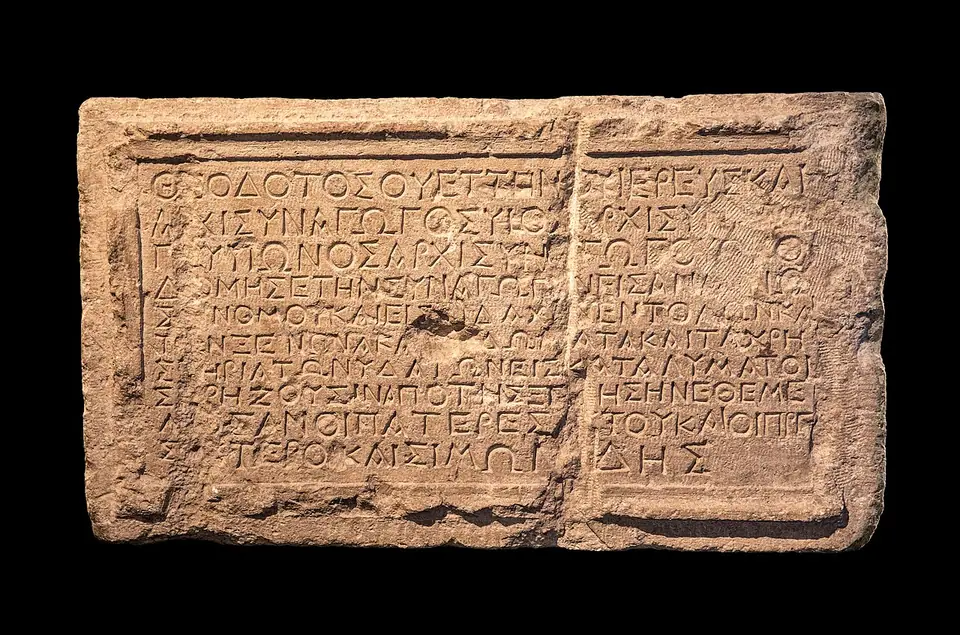 A limestone slab with ten lines of Greek letters, the Theodotos synagogue inscription from Jerusalem