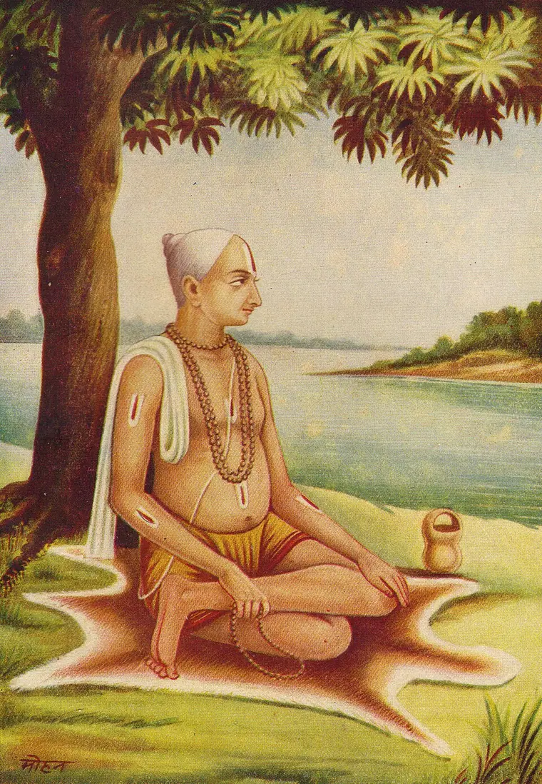 Painting of Tulsidas seated on a deerskin under a tree beside a river