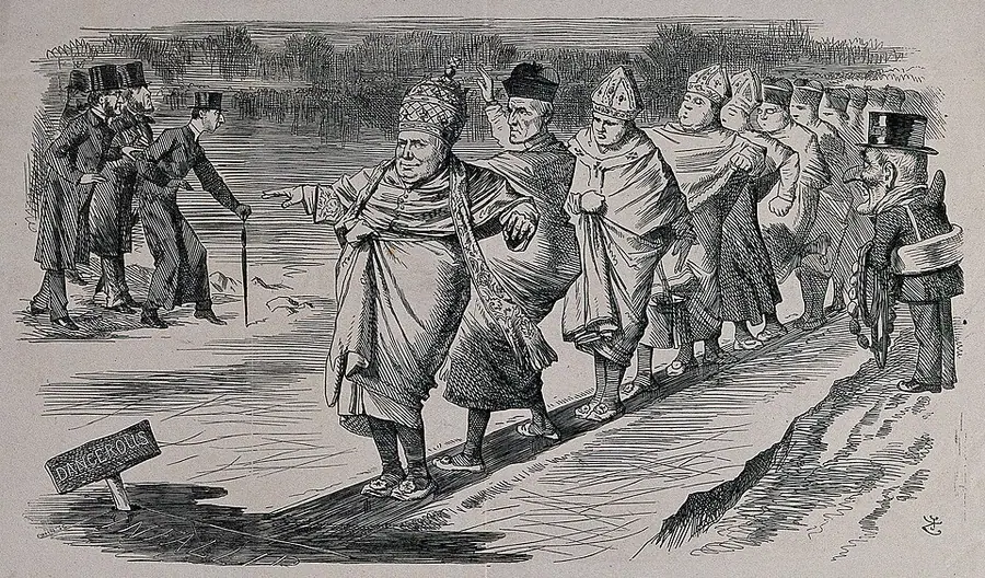 Cartoon of Pius IX leading bishops along a plank over thin ice past a 'Dangerous' sign