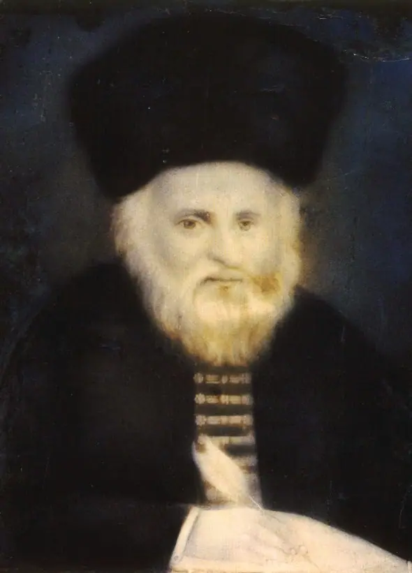 Portrait of the Vilna Gaon, an elderly bearded rabbi in a skullcap and prayer shawl