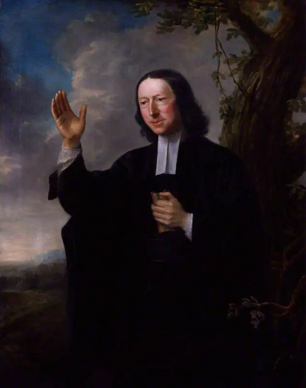 Nathaniel Hone's portrait of John Wesley, c. 1766: a clergyman in black gown and white bands, long dark hair, one hand raised as if preaching and a small book in the other